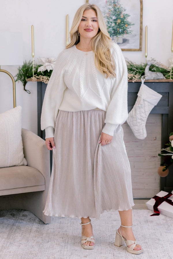 Chic Soul plus size clothing, cream and gold threaded midi skirt with stretchy waistband skirt