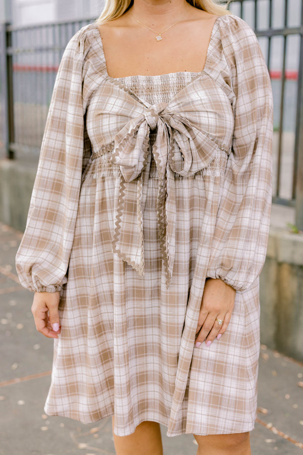 Chic Soul plus size clothing, brown and white plaid square neck long sleeve short dress with bow tying across the chest 