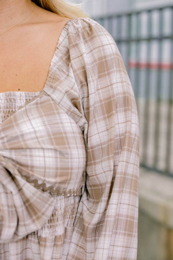 Chic Soul plus size clothing, brown and white plaid square neck long sleeve short dress with bow tying across the chest 