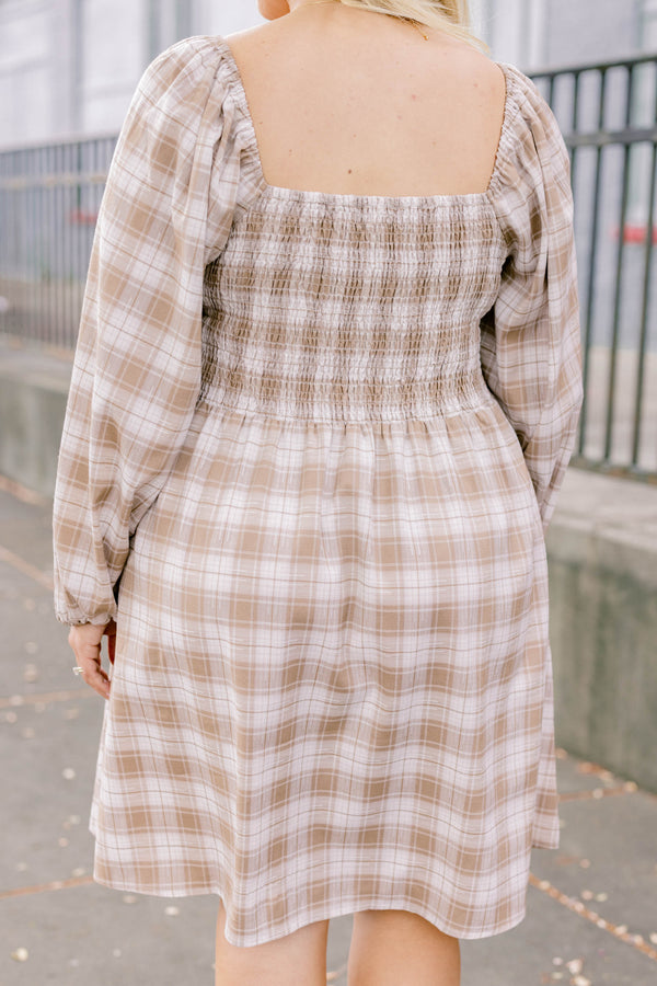 Chic Soul plus size clothing, brown and white plaid square neck long sleeve short dress with bow tying across the chest 