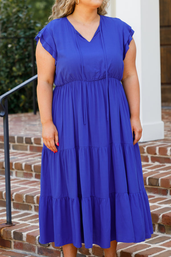Chic Soul plus size clothing, royal blue tiered flowy midi dress with ruffle sleeves and a cinched waistline