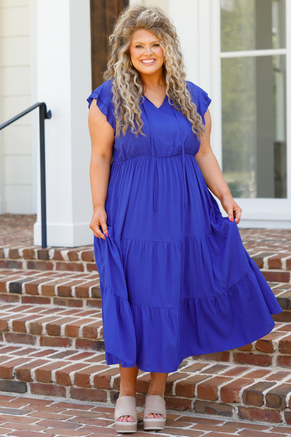 Chic Soul plus size clothing, royal blue tiered flowy midi dress with ruffle sleeves and a cinched waistline