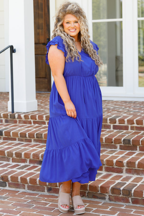 Chic Soul plus size clothing, royal blue tiered flowy midi dress with ruffle sleeves and a cinched waistline