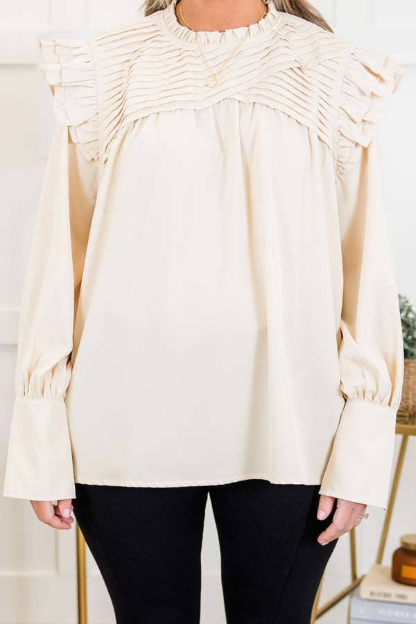 Chic Soul plus size clothing, cream long sleeve top with ribbed layered detail along chest with ruffle flare on shoulders with cuff sleeves