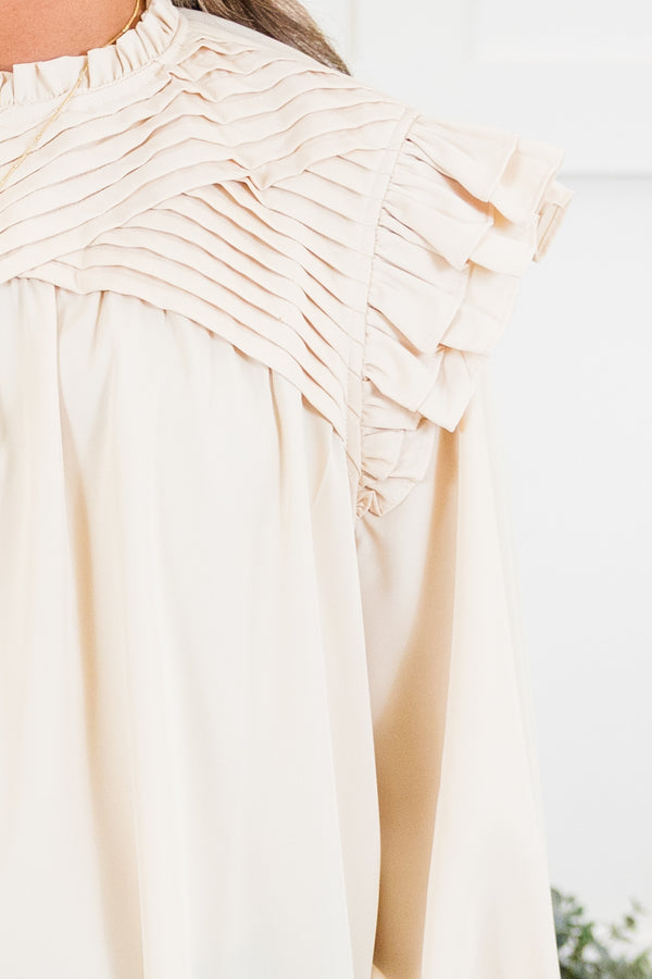 Chic Soul plus size clothing, cream long sleeve top with ribbed layered detail along chest with ruffle flare on shoulders with cuff sleeves