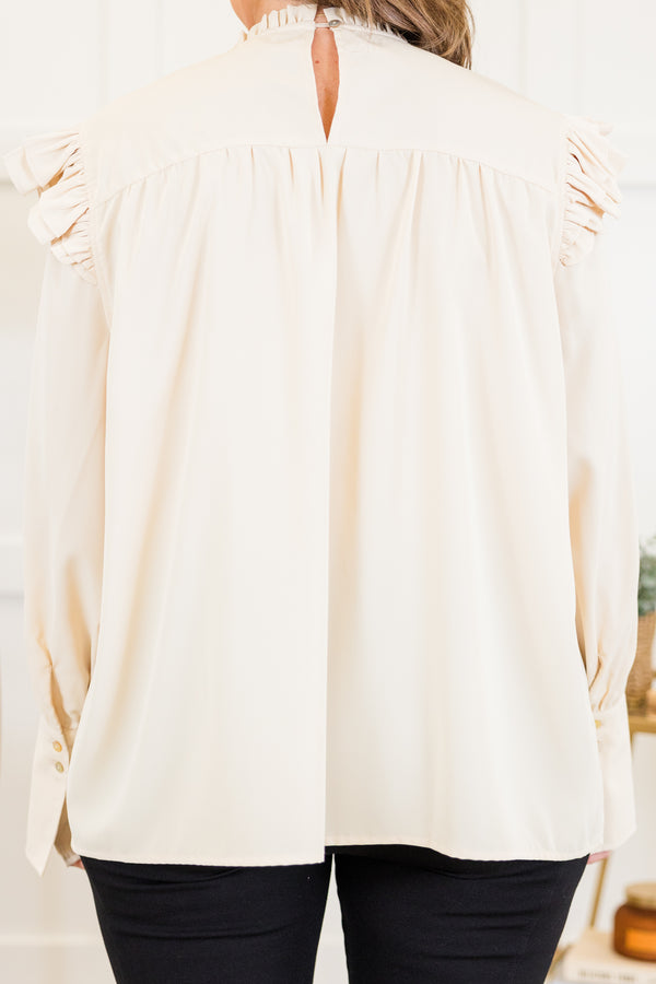 Chic Soul plus size clothing, cream long sleeve top with ribbed layered detail along chest with ruffle flare on shoulders with cuff sleeves