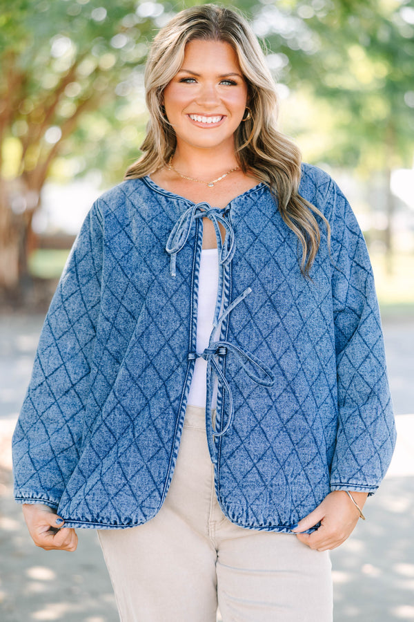 Plus Size quilted denim jacket with a diamond pattern, tie-front closures, and long sleeves.