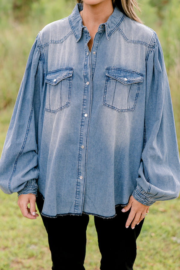 Chic Soul plus size clothing, long sleeve denim button up with 2 front chest pockets