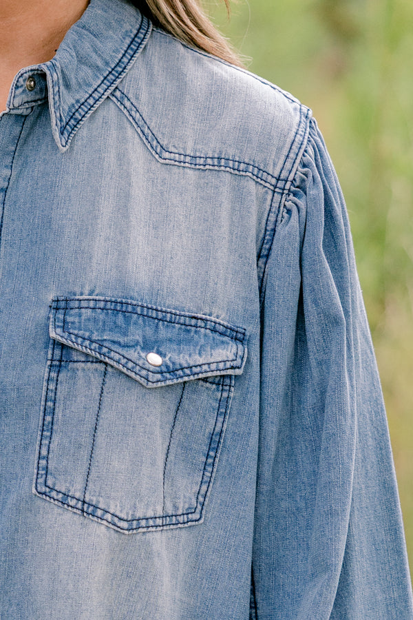 Chic Soul plus size clothing, long sleeve denim button up with 2 front chest pockets