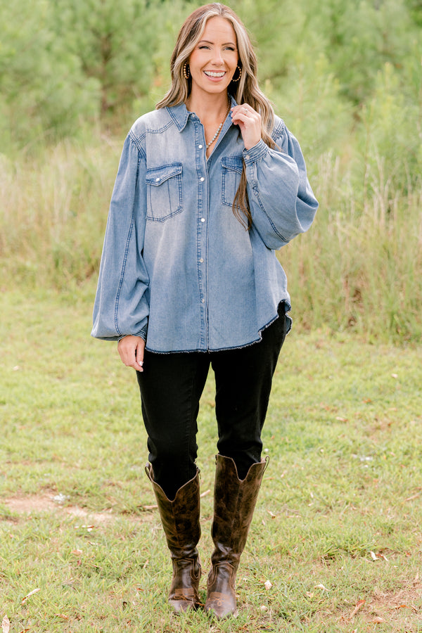 Chic Soul plus size clothing, long sleeve denim button up with 2 front chest pockets