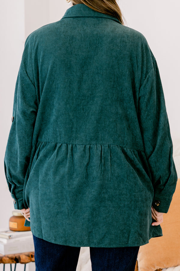 Chic Soul plus size clothing, dark green long sleeve ribbed material shacket that buttons up down the middle with brown buttons and buttons on the 2 front pockets and on the sleeves