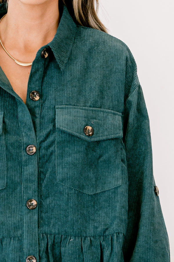 Chic Soul plus size clothing, dark green long sleeve ribbed material shacket that buttons up down the middle with brown buttons and buttons on the 2 front pockets and on the sleeves