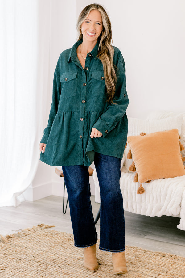 Chic Soul plus size clothing, dark green long sleeve ribbed material shacket that buttons up down the middle with brown buttons and buttons on the 2 front pockets and on the sleeves