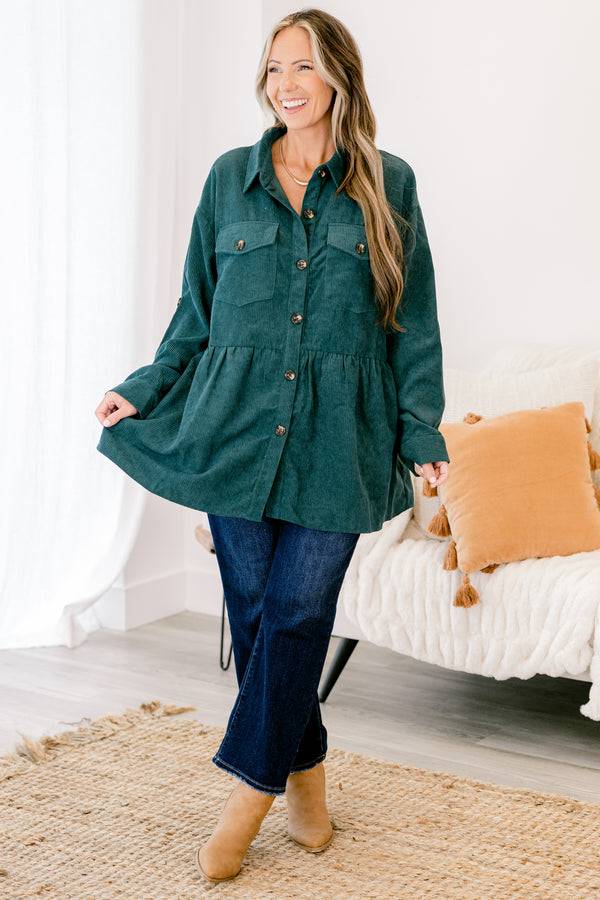 Chic Soul plus size clothing, dark green long sleeve ribbed material shacket that buttons up down the middle with brown buttons and buttons on the 2 front pockets and on the sleeves