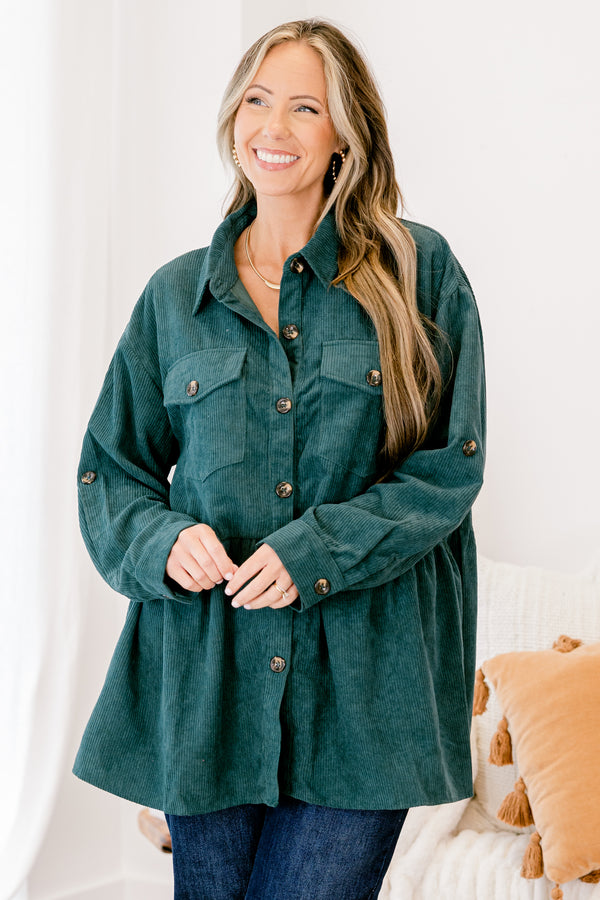 Chic Soul plus size clothing, dark green long sleeve ribbed material shacket that buttons up down the middle with brown buttons and buttons on the 2 front pockets and on the sleeves