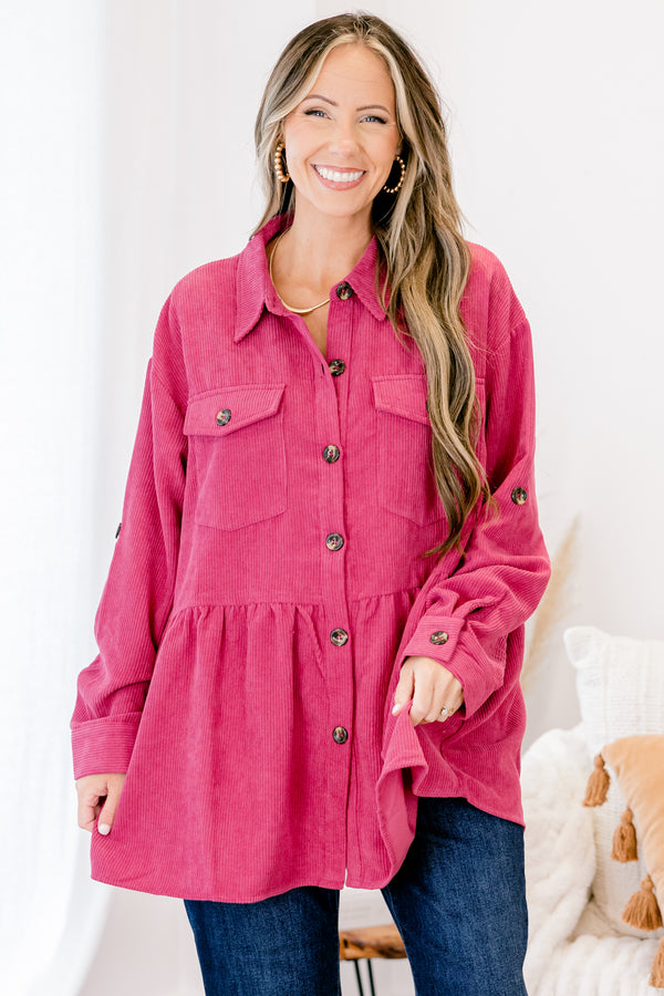 Chic Soul plus size clothing, magenta long sleeve button up corduroy shacket with 2 front chest pockets