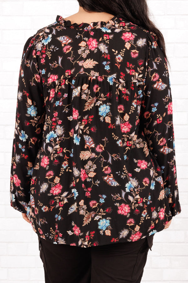 Chic Soul plus size clothing, black and multi-colored floral flowy blouse