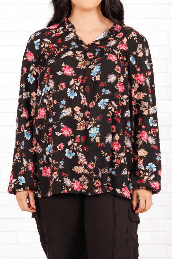 Chic Soul plus size clothing, black and multi-colored floral flowy blouse