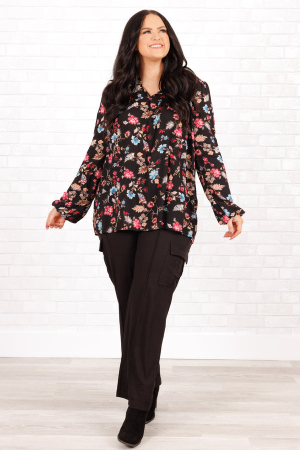 Chic Soul plus size clothing, black and multi-colored floral flowy blouse