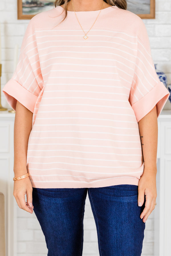 Chic Soul plus size clothing, shirt, short sleeve, loose sleeves, striped, pink, light pink, white, wide neck line, loose, comfy
