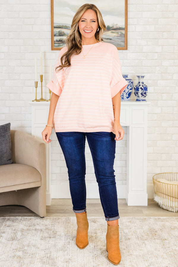 Chic Soul plus size clothing, shirt, short sleeve, loose sleeves, striped, pink, light pink, white, wide neck line, loose, comfy