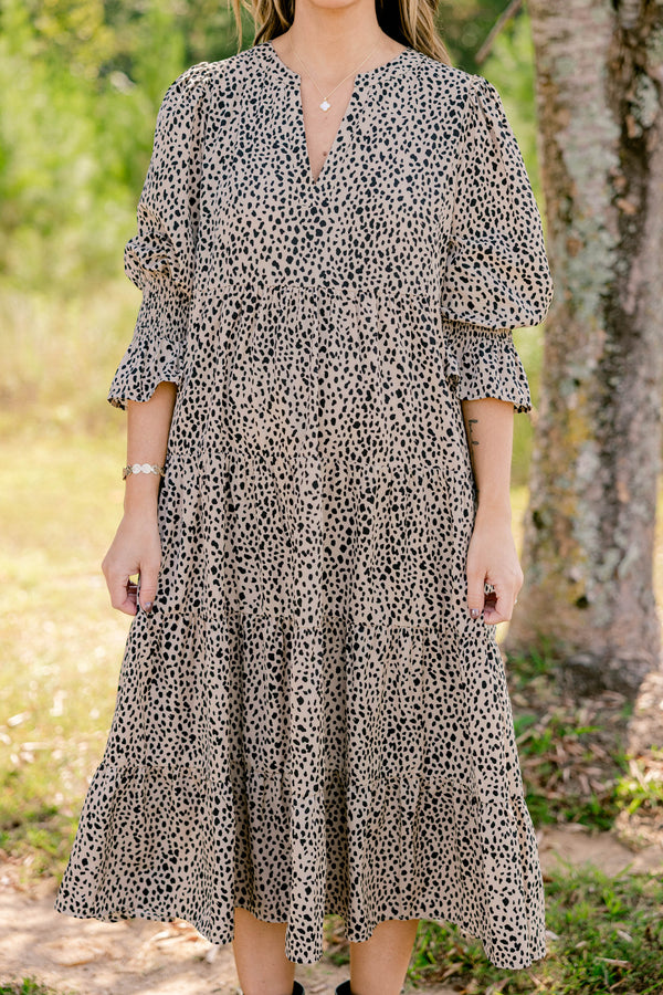 Chic Soul plus size clothing, brown leopard 3/4  ruffle sleeve tiered maxi dress with subtle v neckline