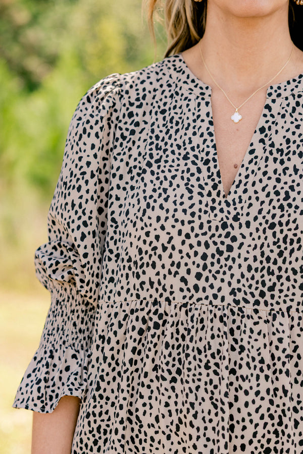 Chic Soul plus size clothing, brown leopard 3/4  ruffle sleeve tiered maxi dress with subtle v neckline