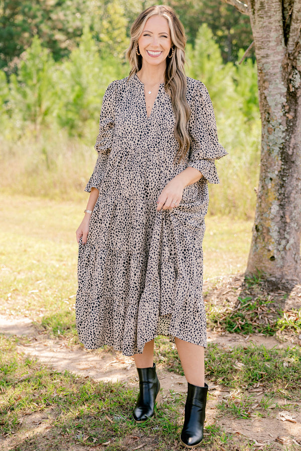 Chic Soul plus size clothing, brown leopard 3/4  ruffle sleeve tiered maxi dress with subtle v neckline