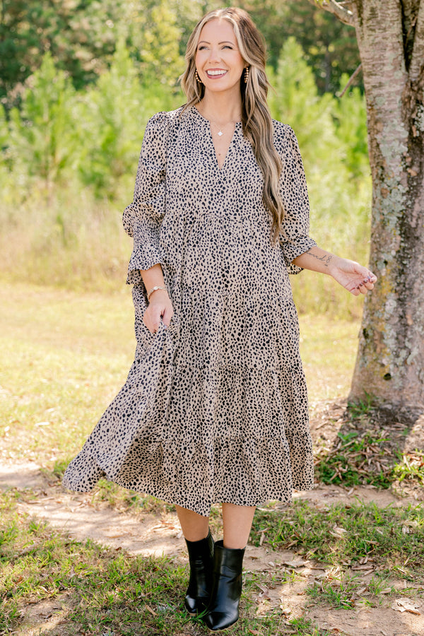 Chic Soul plus size clothing, brown leopard 3/4  ruffle sleeve tiered maxi dress with subtle v neckline