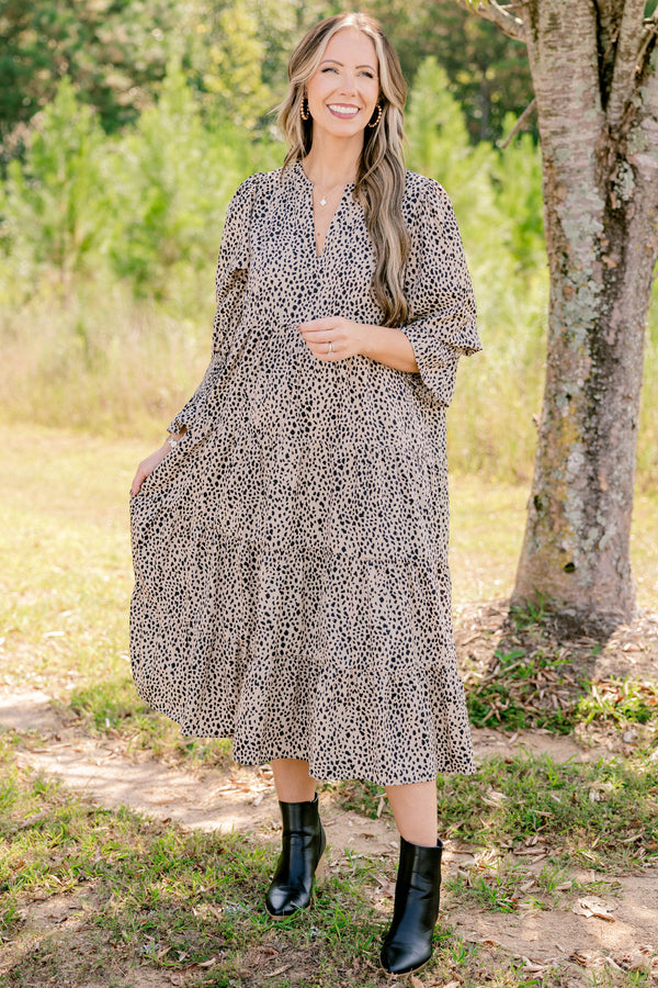Chic Soul plus size clothing, brown leopard 3/4  ruffle sleeve tiered maxi dress with subtle v neckline