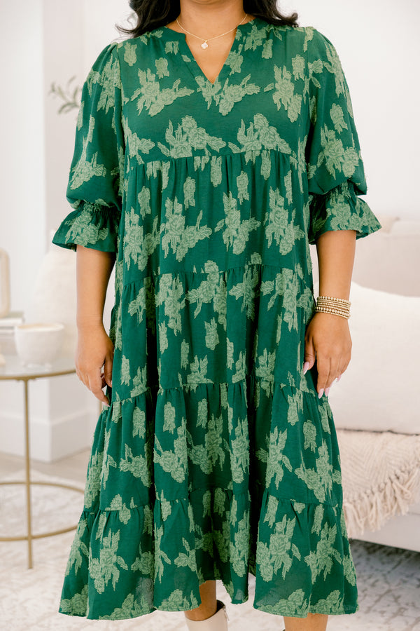 Chic Soul plus size clothing, dark green mid sleeve midi dress with light green floral pattern and v-neckline