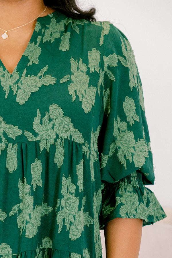 Chic Soul plus size clothing, dark green mid sleeve midi dress with light green floral pattern and v-neckline
