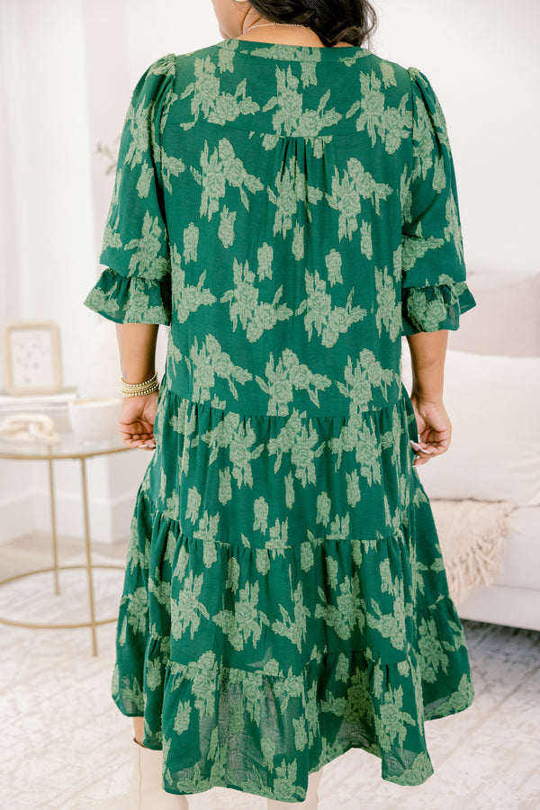 Chic Soul plus size clothing, dark green mid sleeve midi dress with light green floral pattern and v-neckline