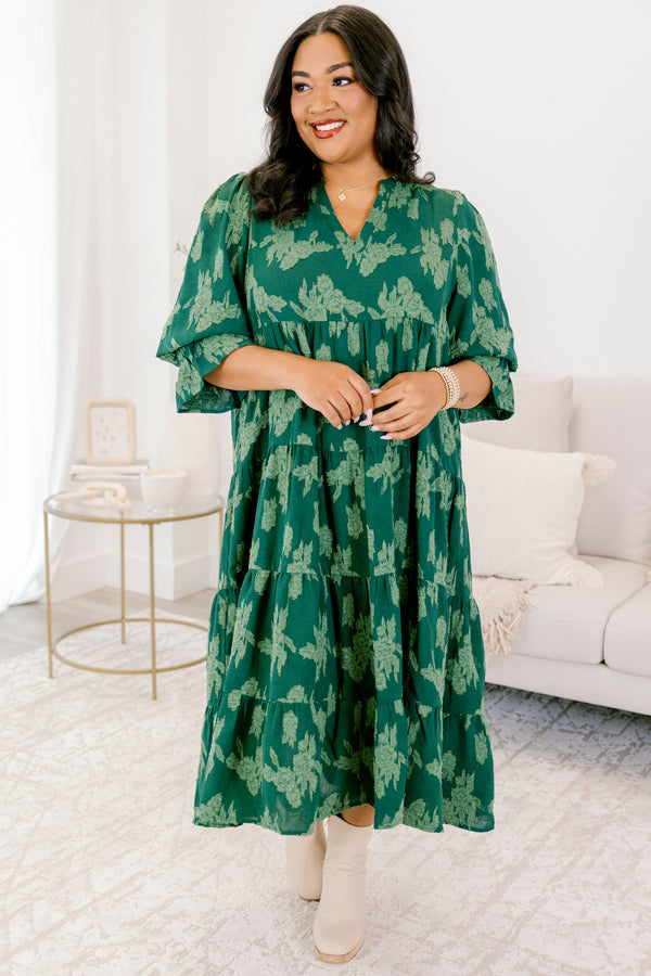 Chic Soul plus size clothing, dark green mid sleeve midi dress with light green floral pattern and v-neckline