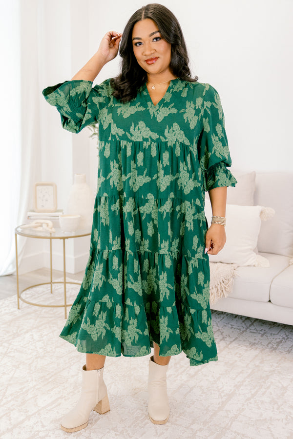 Chic Soul plus size clothing, dark green mid sleeve midi dress with light green floral pattern and v-neckline