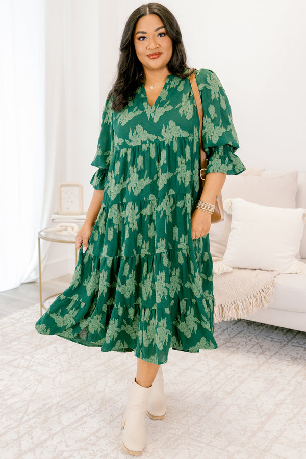 Chic Soul plus size clothing, dark green mid sleeve midi dress with light green floral pattern and v-neckline