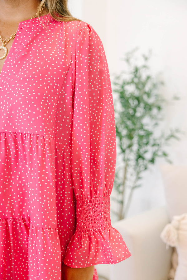 Plus size fuchsia polka dot midi dress with a flowy tiered silhouette and split v-neckline.