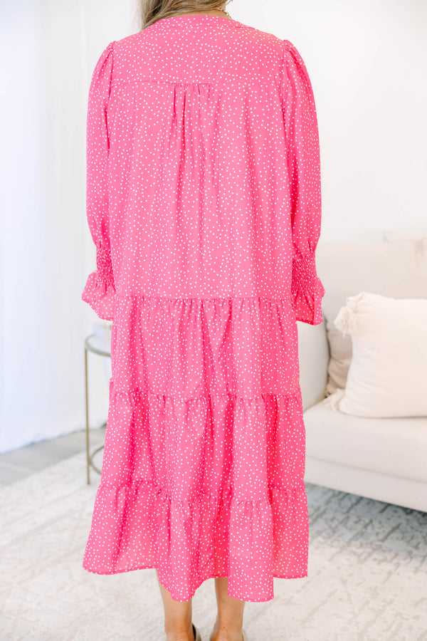 Plus size fuchsia polka dot midi dress with a flowy tiered silhouette and split v-neckline.
