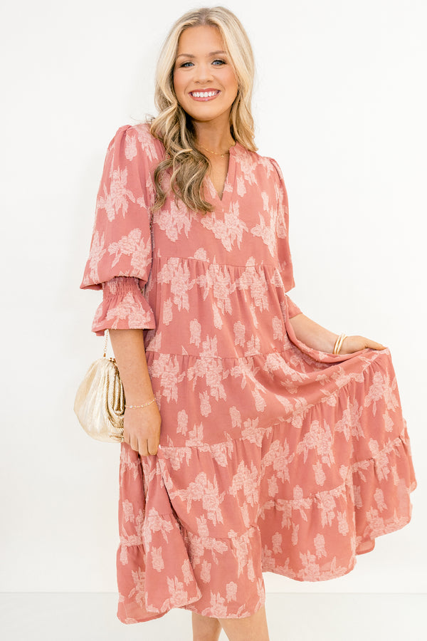 Chic Soul plus size clothing, mauve pink mid ruffle sleeve midi dress with light pink floral pattern