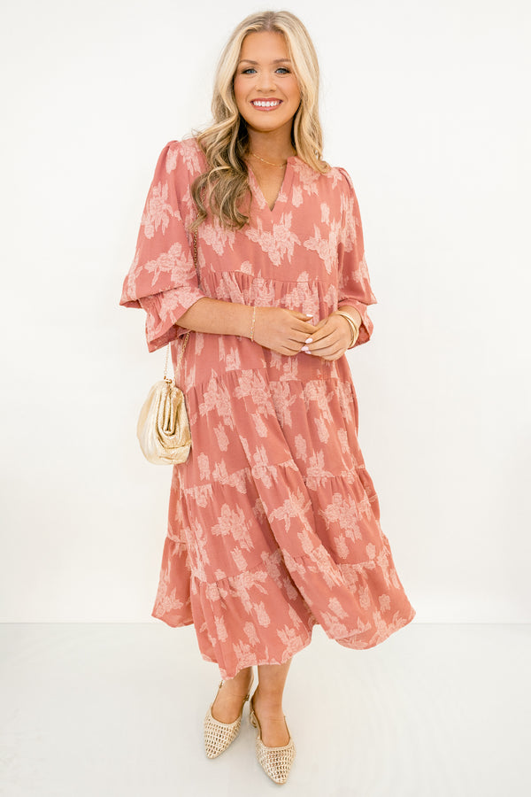 Chic Soul plus size clothing, mauve pink mid ruffle sleeve midi dress with light pink floral pattern