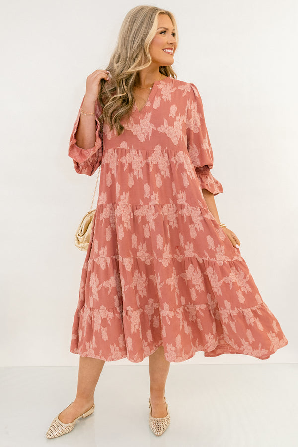 Chic Soul plus size clothing, mauve pink mid ruffle sleeve midi dress with light pink floral pattern