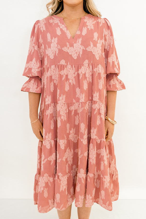 Chic Soul plus size clothing, mauve pink mid ruffle sleeve midi dress with light pink floral pattern