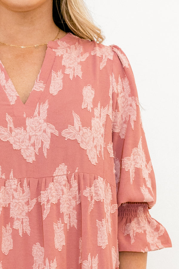 Chic Soul plus size clothing, mauve pink mid ruffle sleeve midi dress with light pink floral pattern