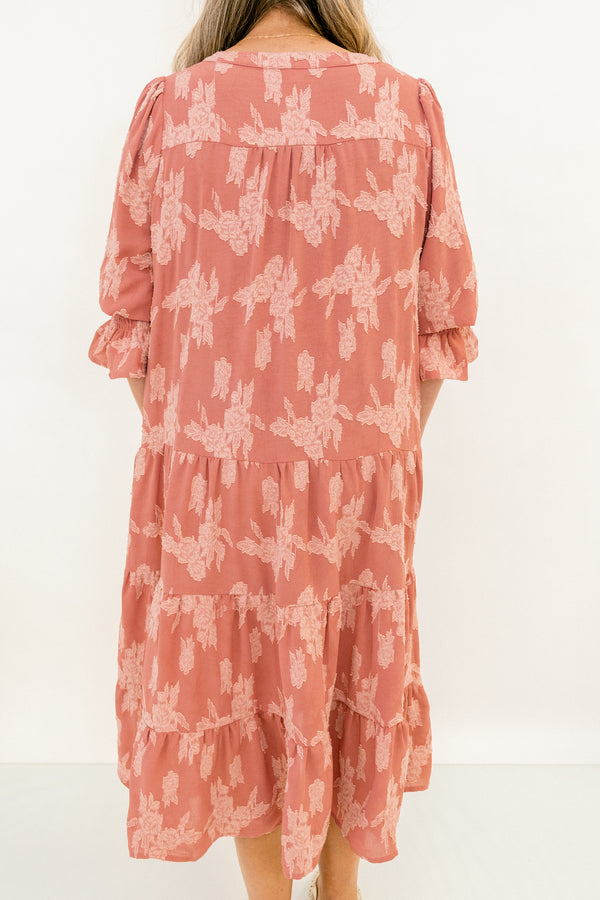 Chic Soul plus size clothing, mauve pink mid ruffle sleeve midi dress with light pink floral pattern