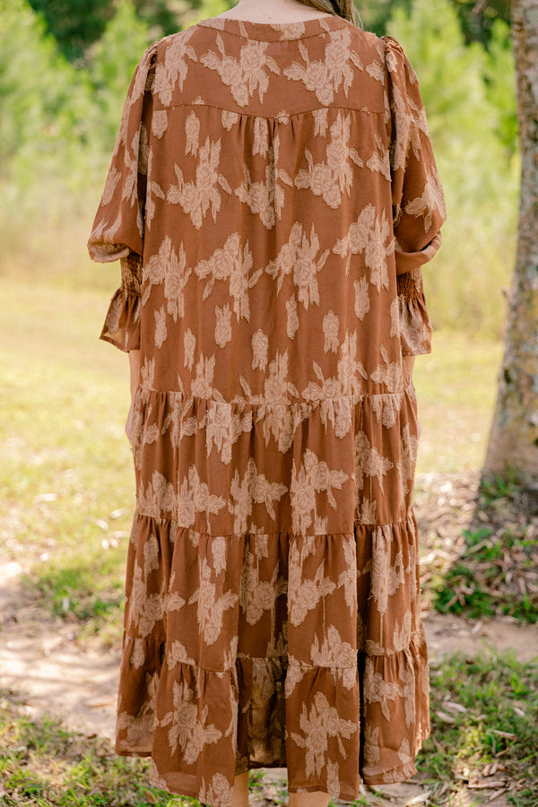 Chic Soul plus size clothing, rust mid sleeve short dress with light brown floral pattern and tiered skirt