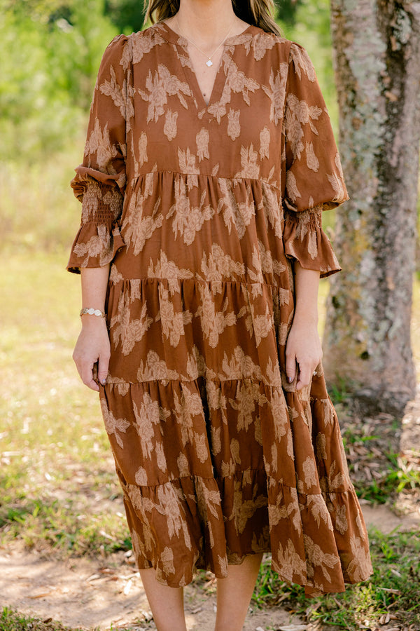 Chic Soul plus size clothing, rust mid sleeve short dress with light brown floral pattern and tiered skirt