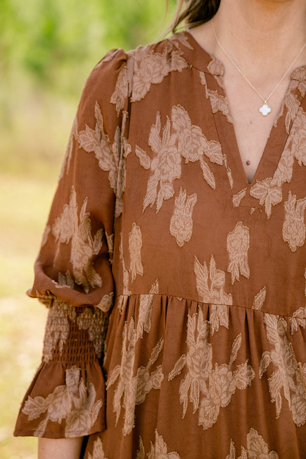 Chic Soul plus size clothing, rust mid sleeve short dress with light brown floral pattern and tiered skirt
