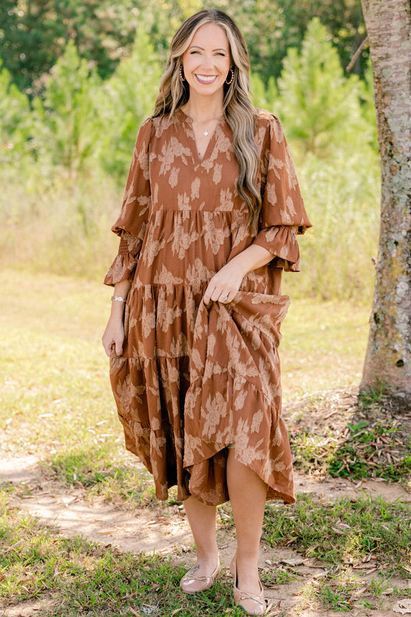 Chic Soul plus size clothing, rust mid sleeve short dress with light brown floral pattern and tiered skirt