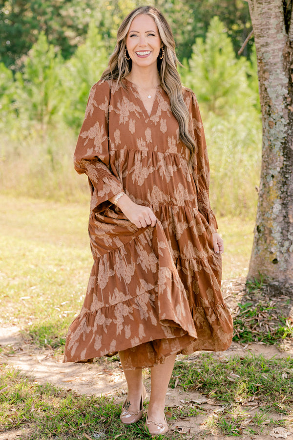 Chic Soul plus size clothing, rust mid sleeve short dress with light brown floral pattern and tiered skirt