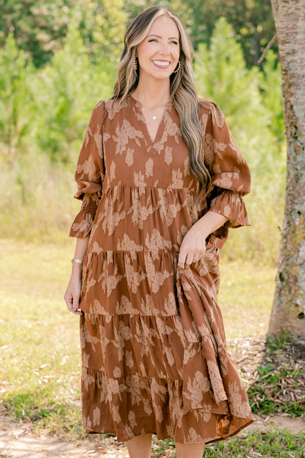 Chic Soul plus size clothing, rust mid sleeve short dress with light brown floral pattern and tiered skirt